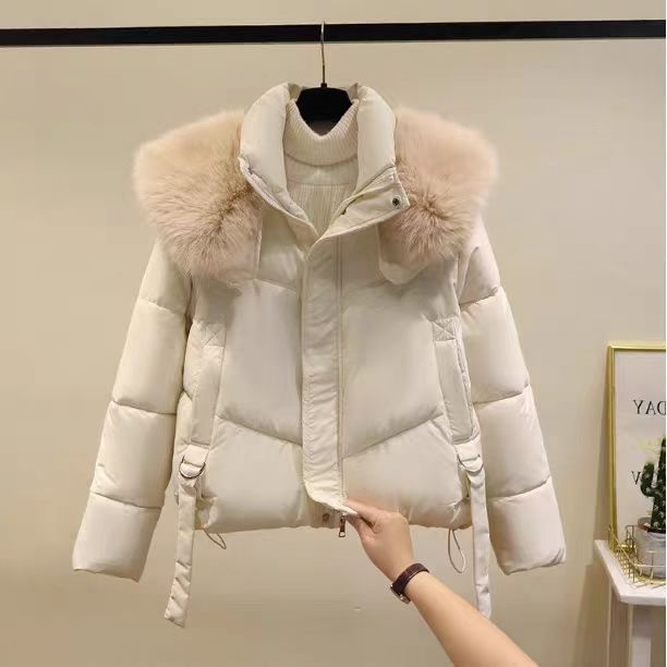 Manteau d'hiver matelassé en coton noir avec col en fourrure pour femme