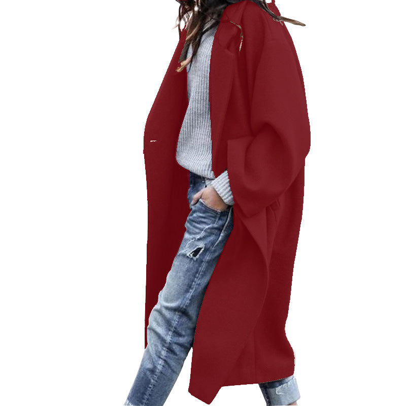 Women’s Casual Long Woolen Jacket With Pockets Solid Color Single Breasted Lapel Winter Coat