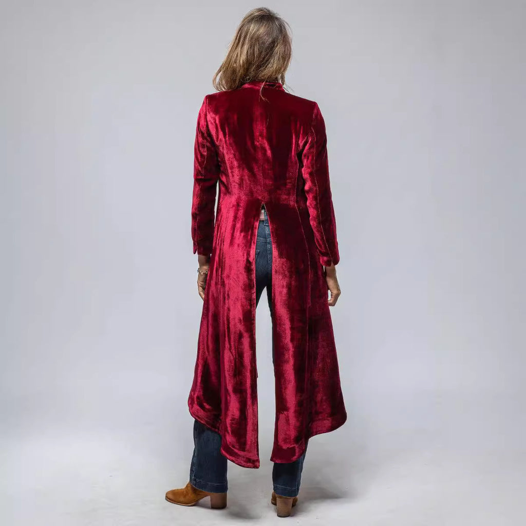 Women's Velvet Long Cardigan Solid Color Retro Split Trench Coat Loose Overcoat