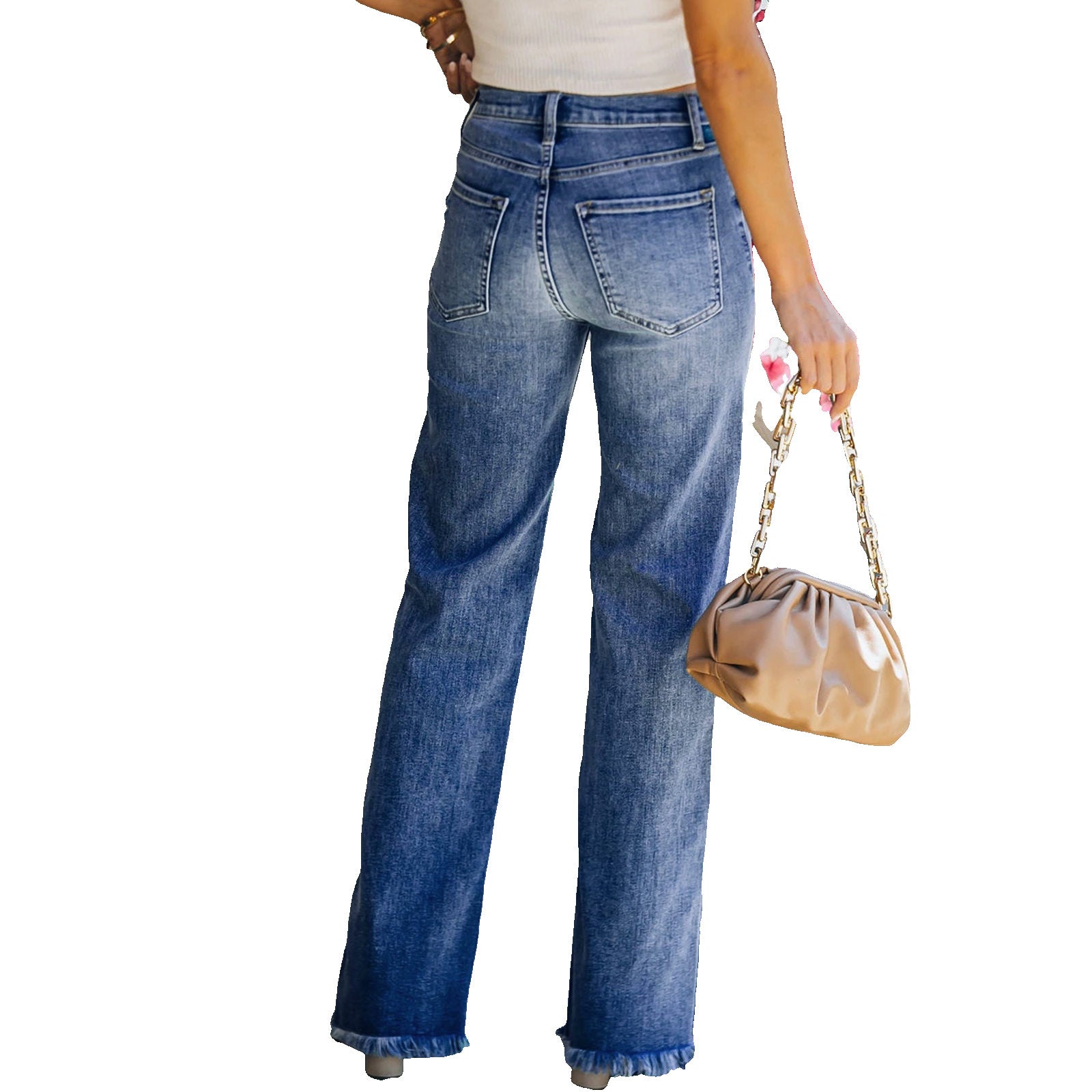 Pantalon droit hipster femme en jean délavé bleu taille mi-haute