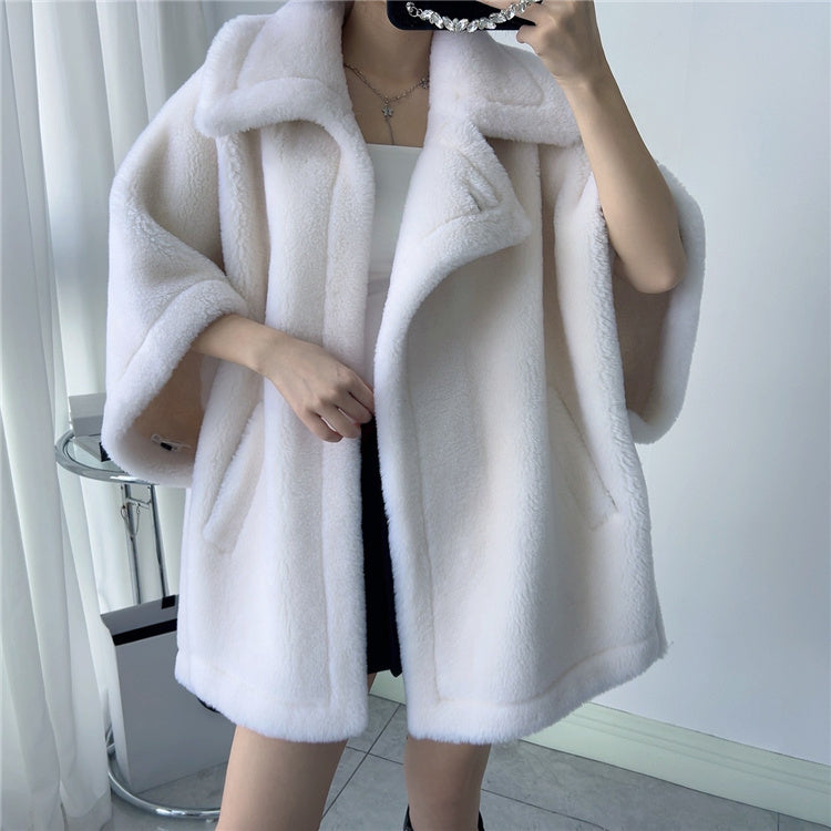 Manteau en laine mi-long ample chauve-souris pour femme avec fourrure d'agneau