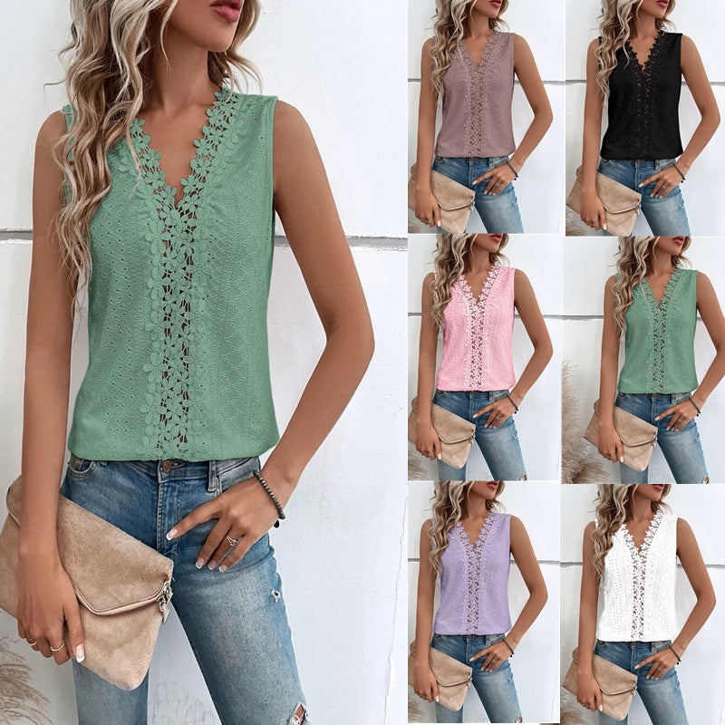 V-neck Stitching Hollow Out Lace Vest T Top For Women