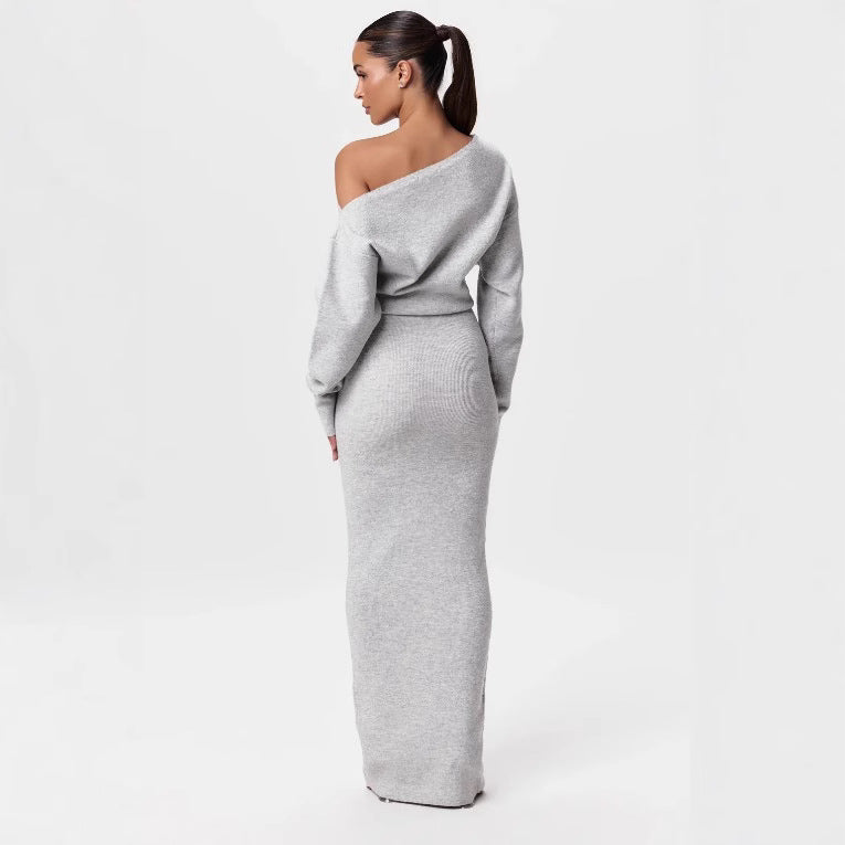 Robe de soirée moulante en maille tricotée à manches longues et col bardot