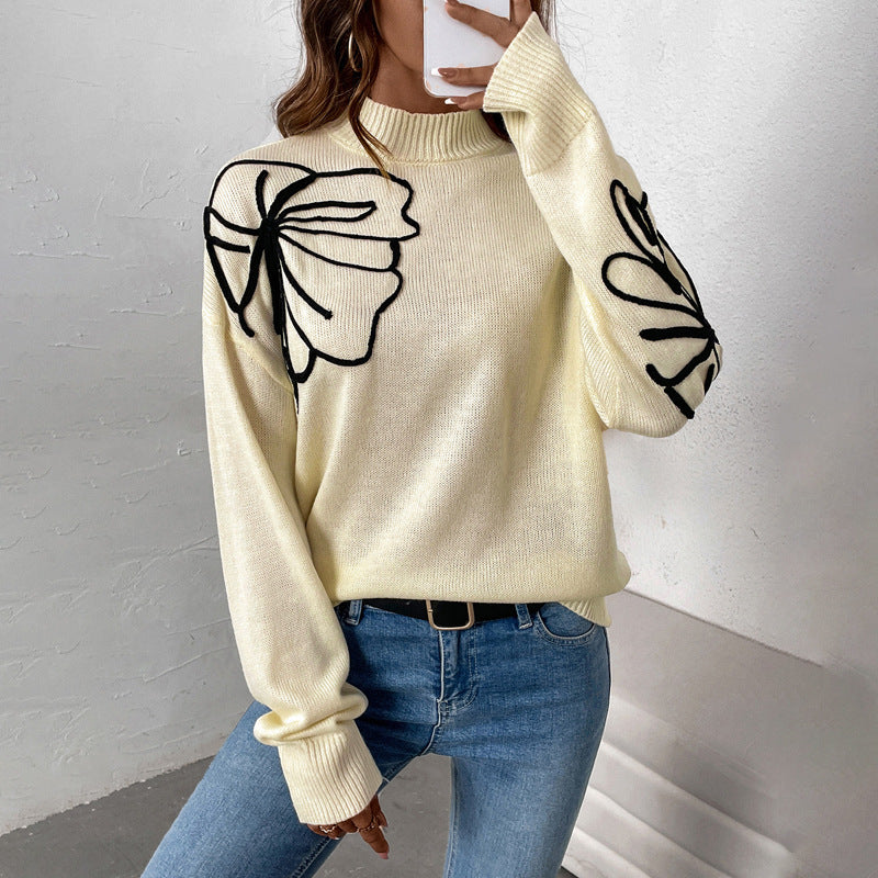 Women's Apricot Half Turtleneck Flower Print Sweater