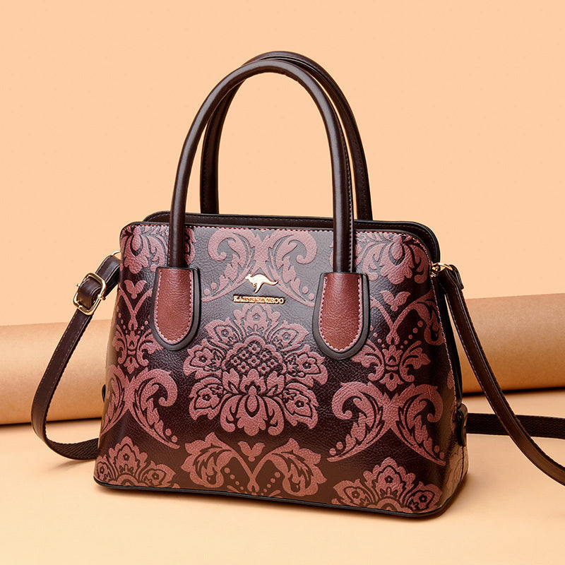 Ethnic Wind Flower Cowhide Shoulder Bag with Zipper Closure