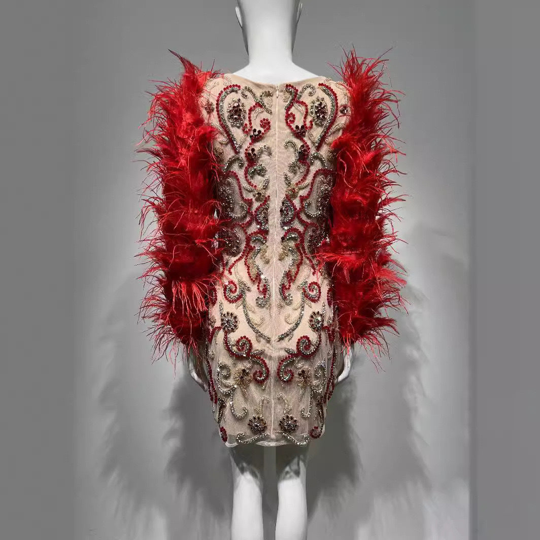 Red Feather Mesh Rhinestone Dress with Long Sleeves for Women