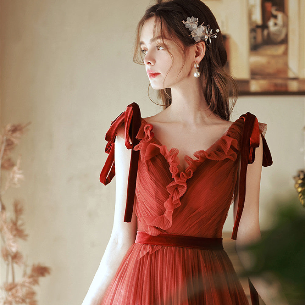 Robe de fiançailles sans manches rouge style coréen pour femme