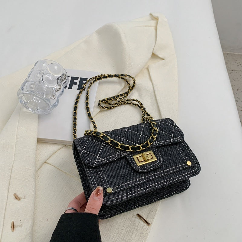 Casual Denim Medium-Hardness Lock Crossbody Bag in Black & Blue