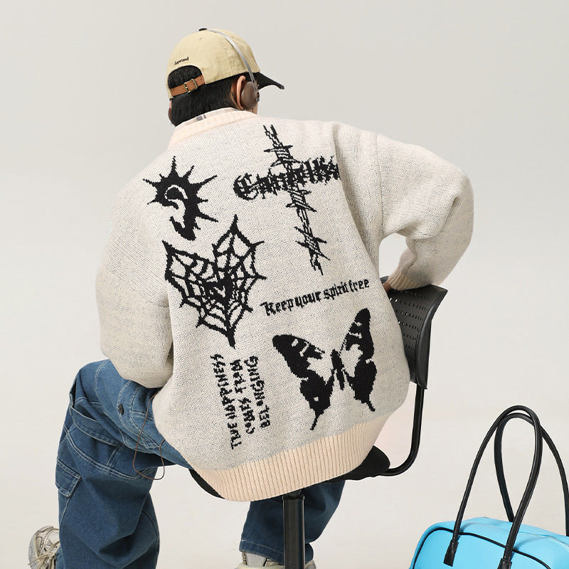 American Retro Hand-Painted Jacquard Round Neck Sweater in White & Black, Sizes M-XXL