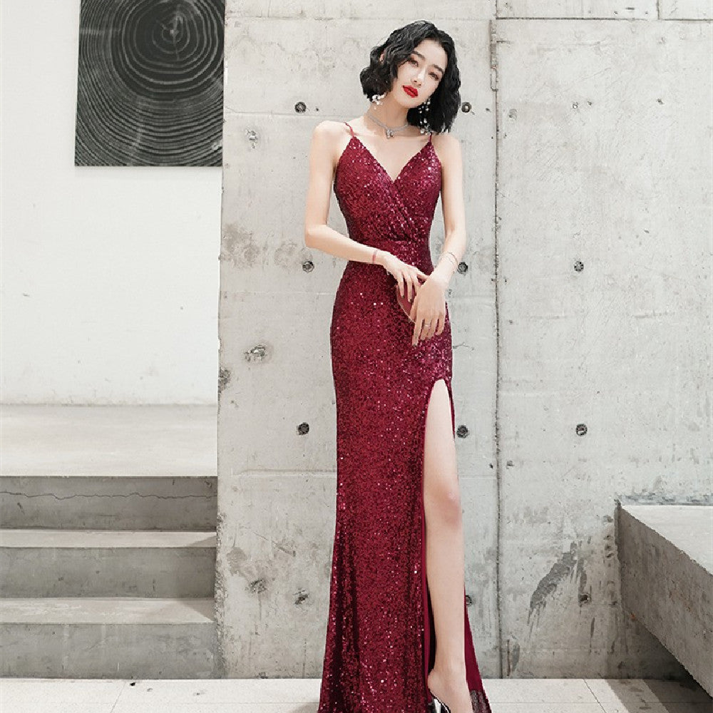Women's Sequined Fishtail Split Dress in Green, Black, Wine Red & Champagne, Sizes S-XL
