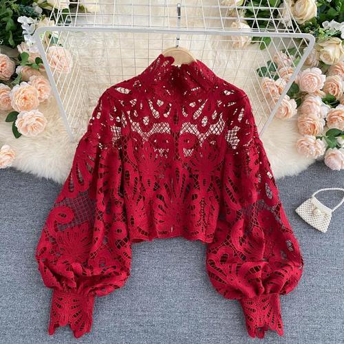 Design Sense Lace Hollow Top Stand-up Collar Puff Sleeve Loose Shirt for Thin Women