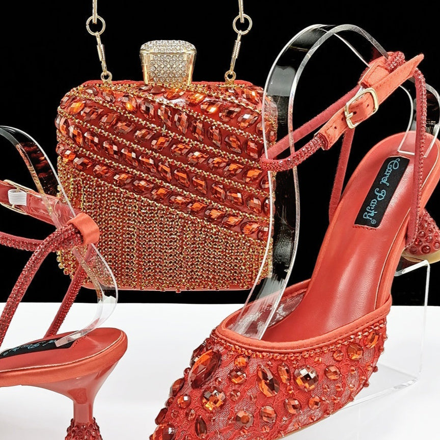 Ensemble de sandales à talons hauts et de sac à main à pompon 3D avec grands strass