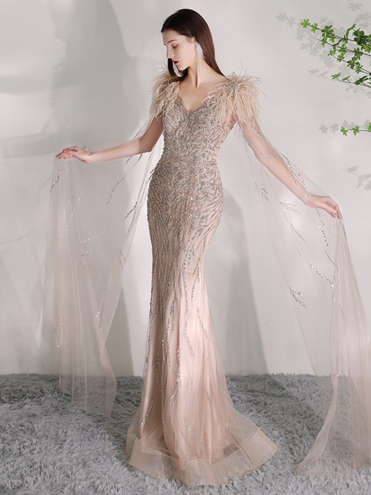 Summer Champagne Organza Deep V-Neck Dress with Zipper, XS-2XL