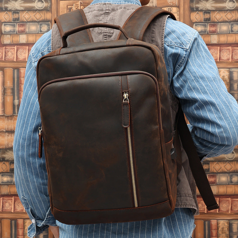 Men's Casual Large Capacity Genuine Leather Outdoor Backpack Brown