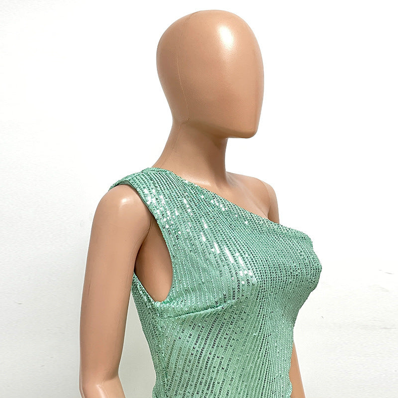 Sleeveless One-Shoulder High Waist Sequined Jumpsuit