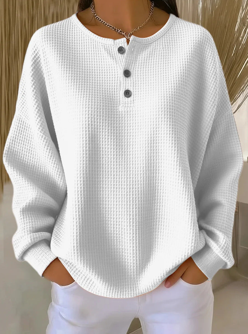 Haut pull à manches longues en tricot gaufré avec boutons, couleur unie, pour femme