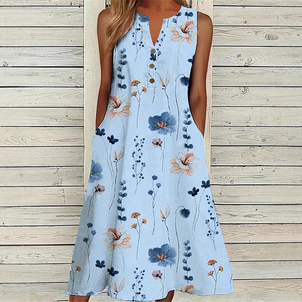 Summer V-Neck Casual Printed Long A-Line Skirt