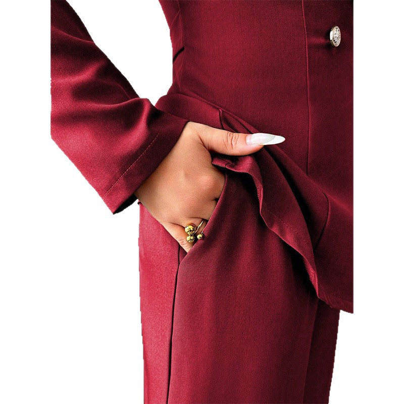 Women's Long-Sleeve Suit Jacket with Straight-Leg Pants Set