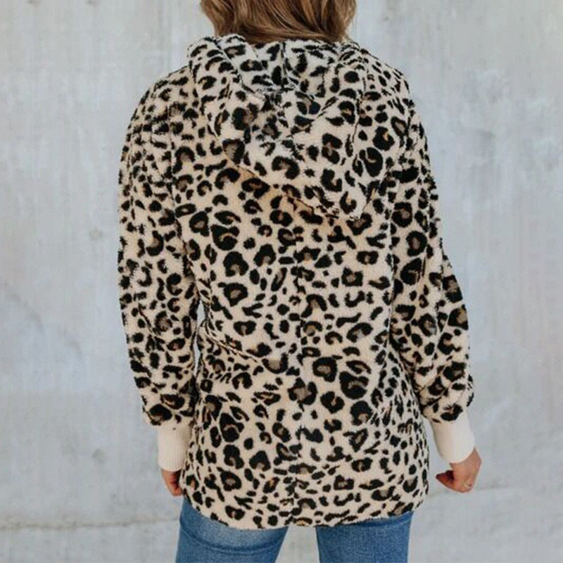Women's Slim Leopard Print Hooded Coat Polyester