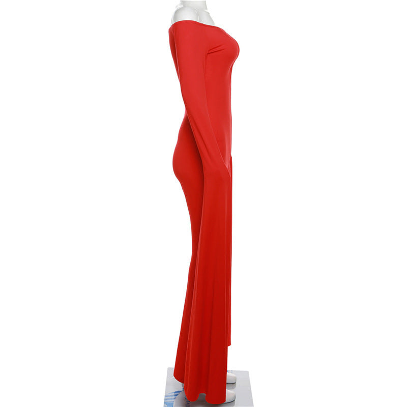 Combinaison rouge pour femme, manches longues épaules dénudées, taille haute