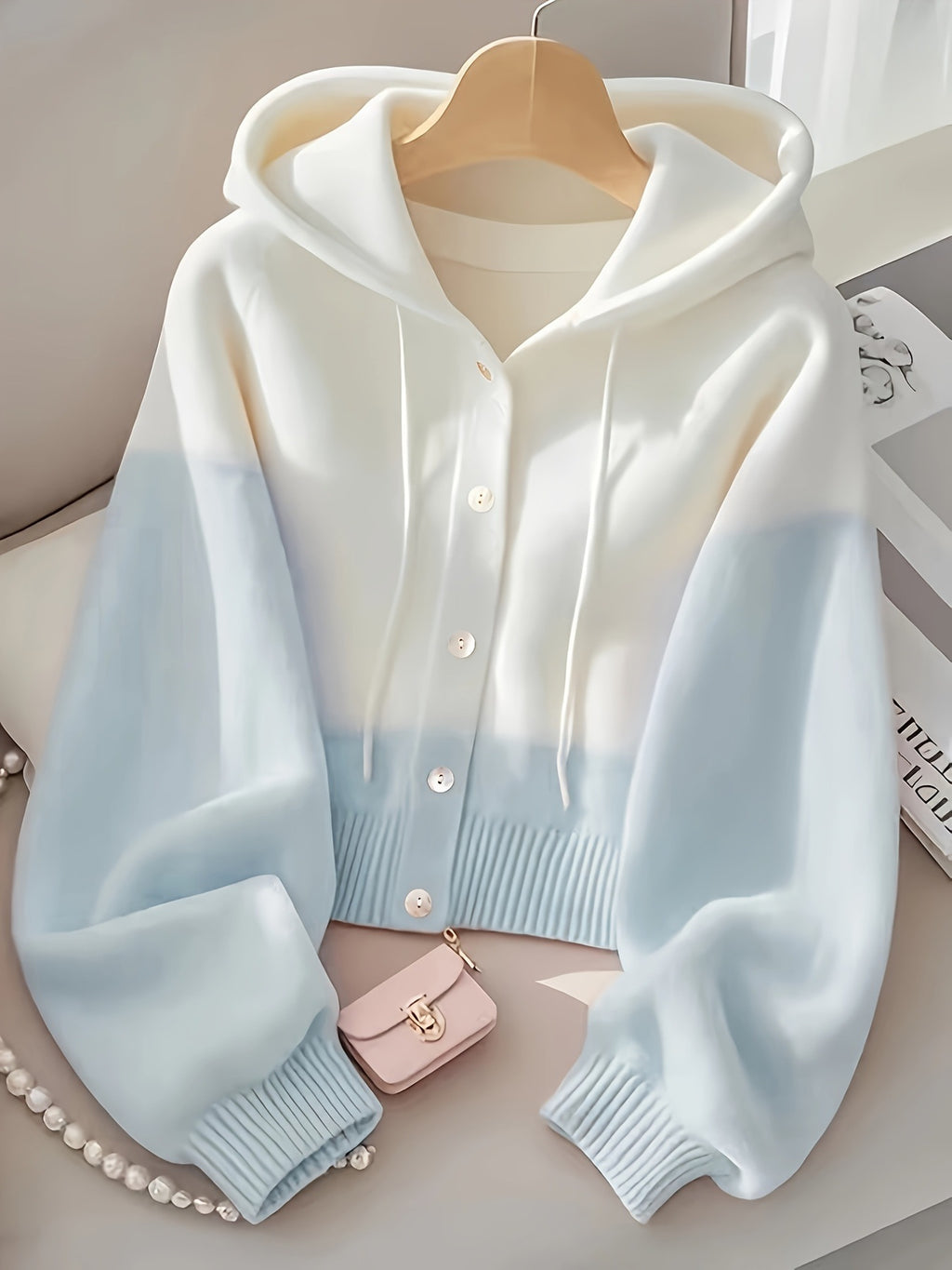Patchwork Hooded Knitted Top High-Grade Lazy Cardigan