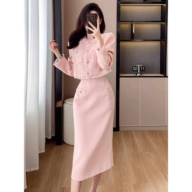 Ensemble jupe longue taille haute rose classique en laine pour femme S-XL