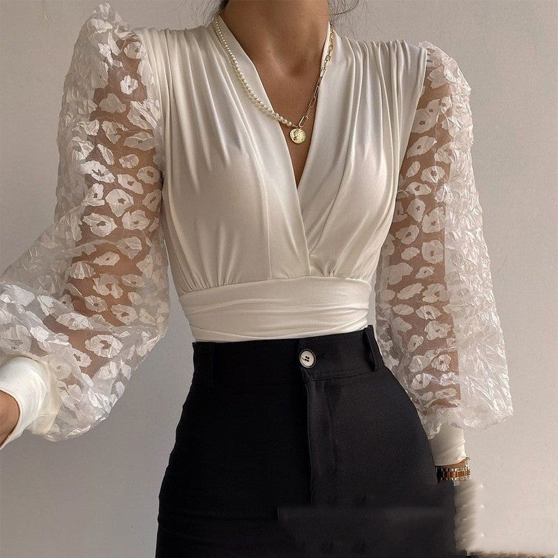 Haut décontracté en polyester pour femme avec dentelle et surpiqûres blanches