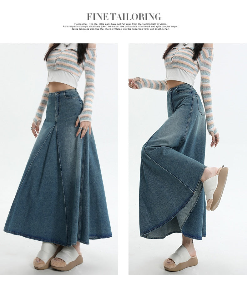 Jupe en jean trapèze mi-longue taille haute rétro style américain