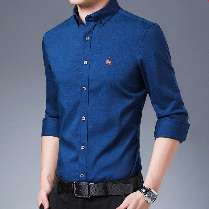 Men's Long-sleeved Bamboo Fiber Solid Color Fine Grid Stretch Business Slim Shirt