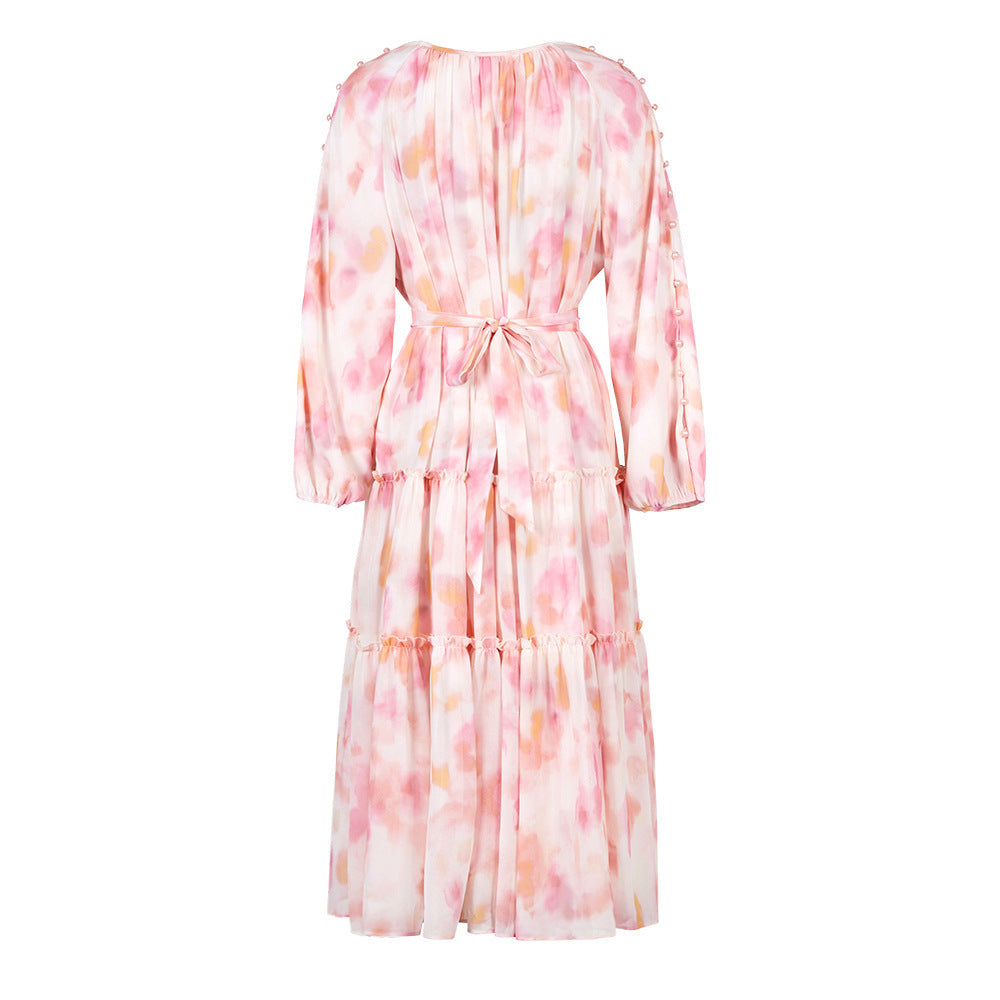 Robe de vacances rose à imprimé abstrait avec jupe ample pour femme