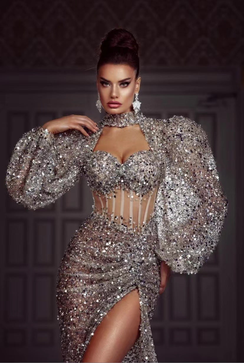 Robe longue gris argenté pour femme avec manches longues bouffantes