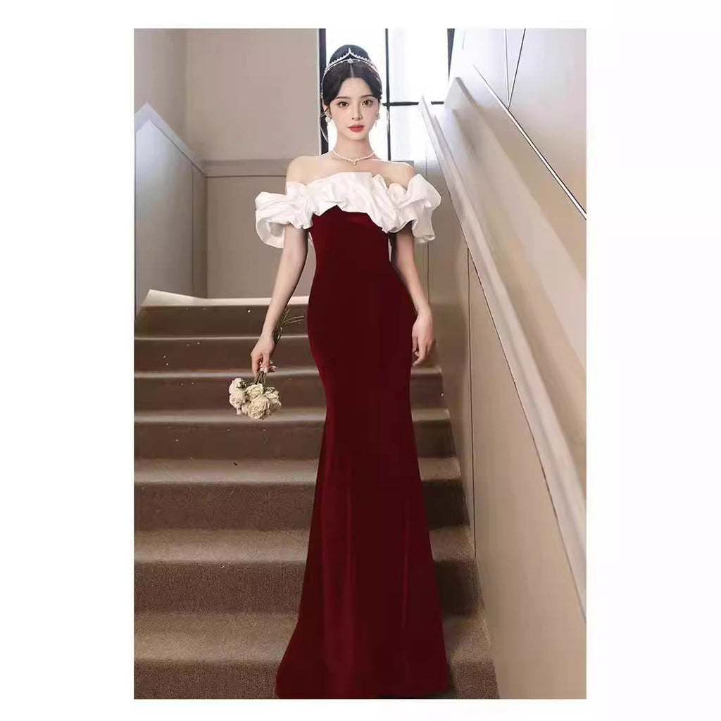 Robe de soirée française pour femmes, style épaules dénudées, en noir et rouge, tailles S-2XL