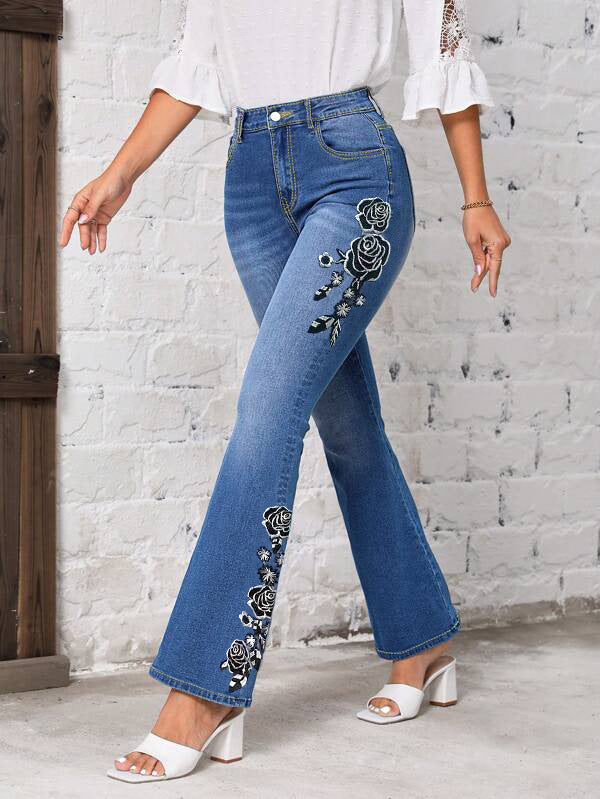 Women's Peacock Blue Stretch Floral Embroidered Flared Jeans