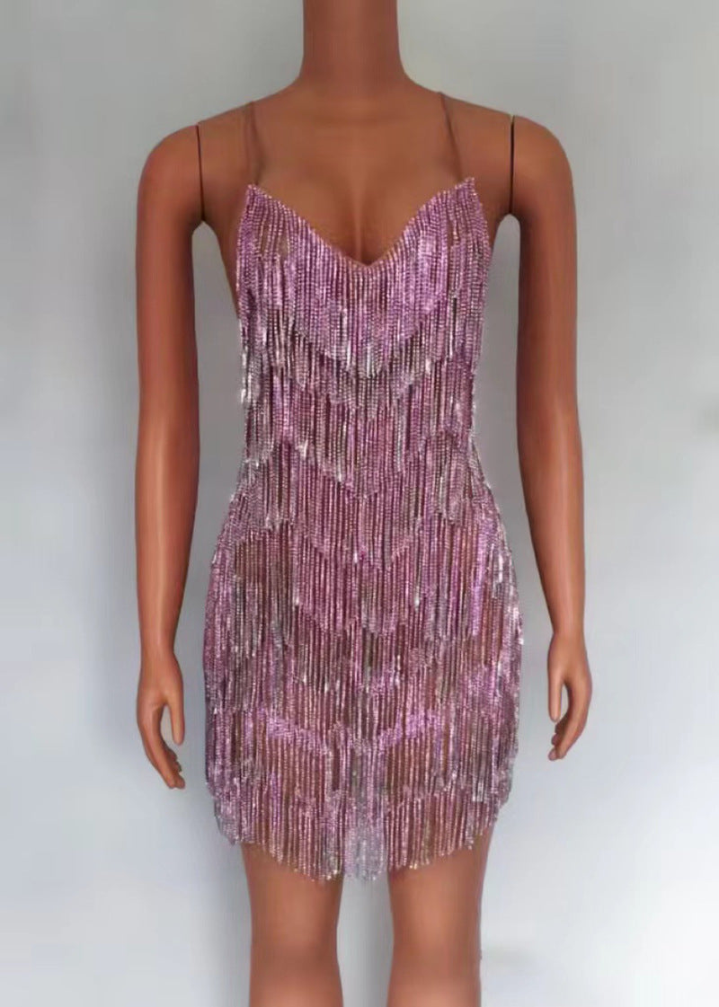 Sexy Deep V Rhinestone Tassel Bulk Evening Gown