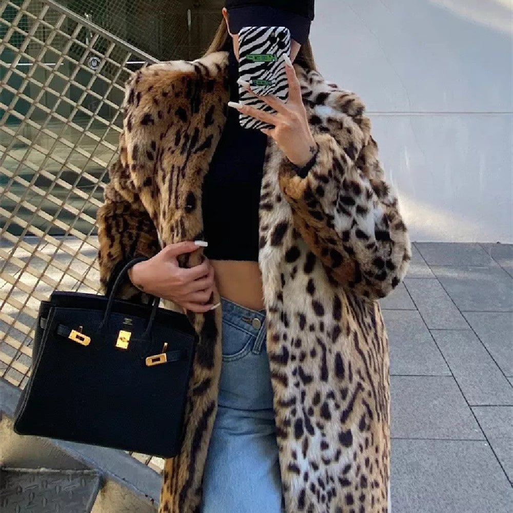 Leopard Print Faux Fur Coat for Women, Sizes S-XXXL