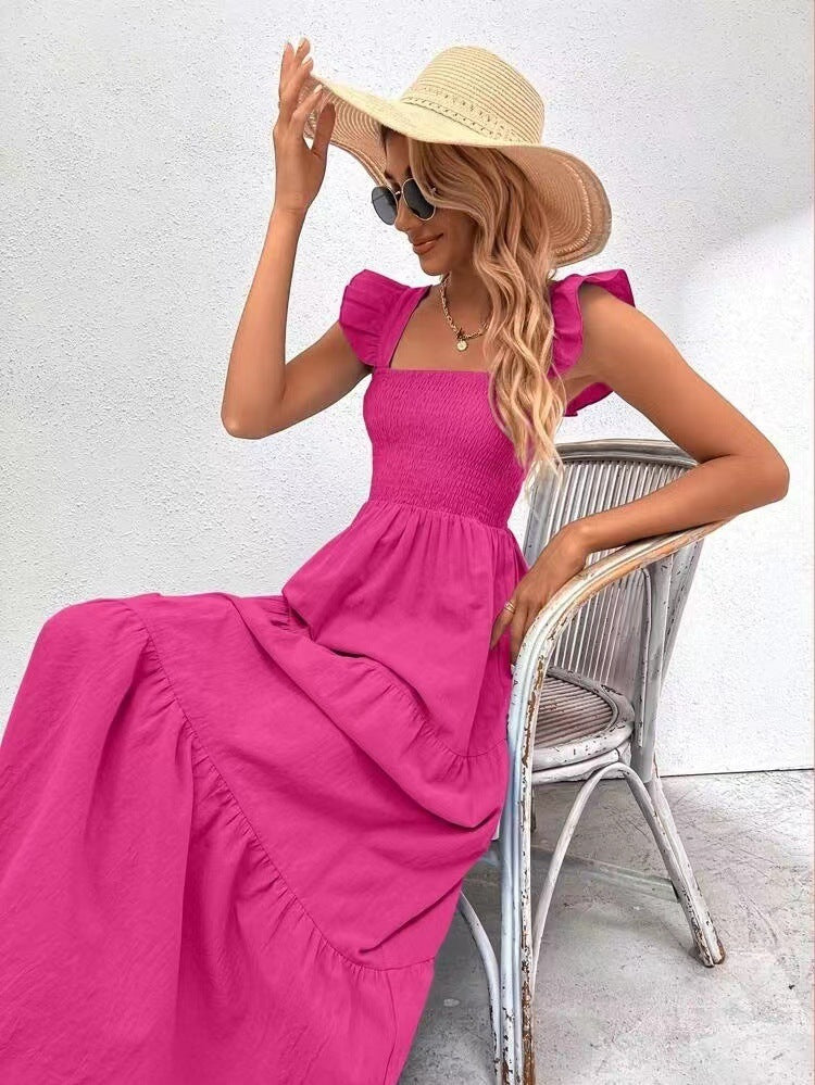 Women's Summer High Waist Backless Long Dress in Rose Red & Light Blue