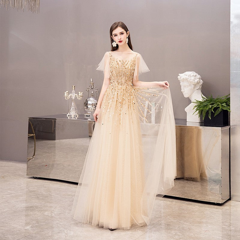 Slim U-Neck Evening Dress for Celebrity Dinner and Solo Recitation in Multiple Colors