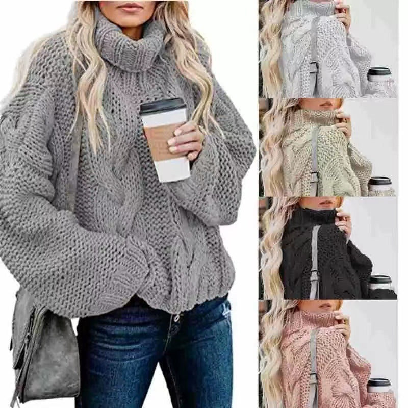 Pull décontracté à col roulé et manches longues pour femme