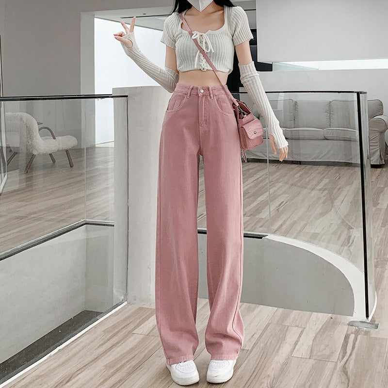 Dirty Pink High Waist Wide Leg Denim Pants for Women
