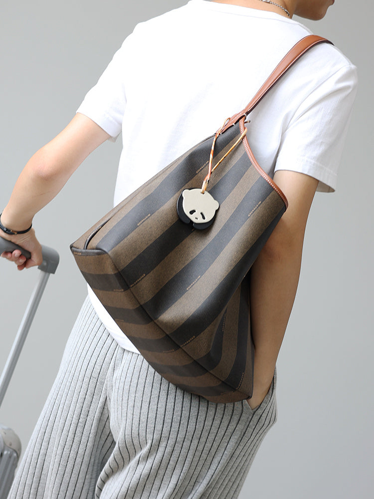 Head Layer Cowhide Soft Commuting Bag for Women with Retro Stripes