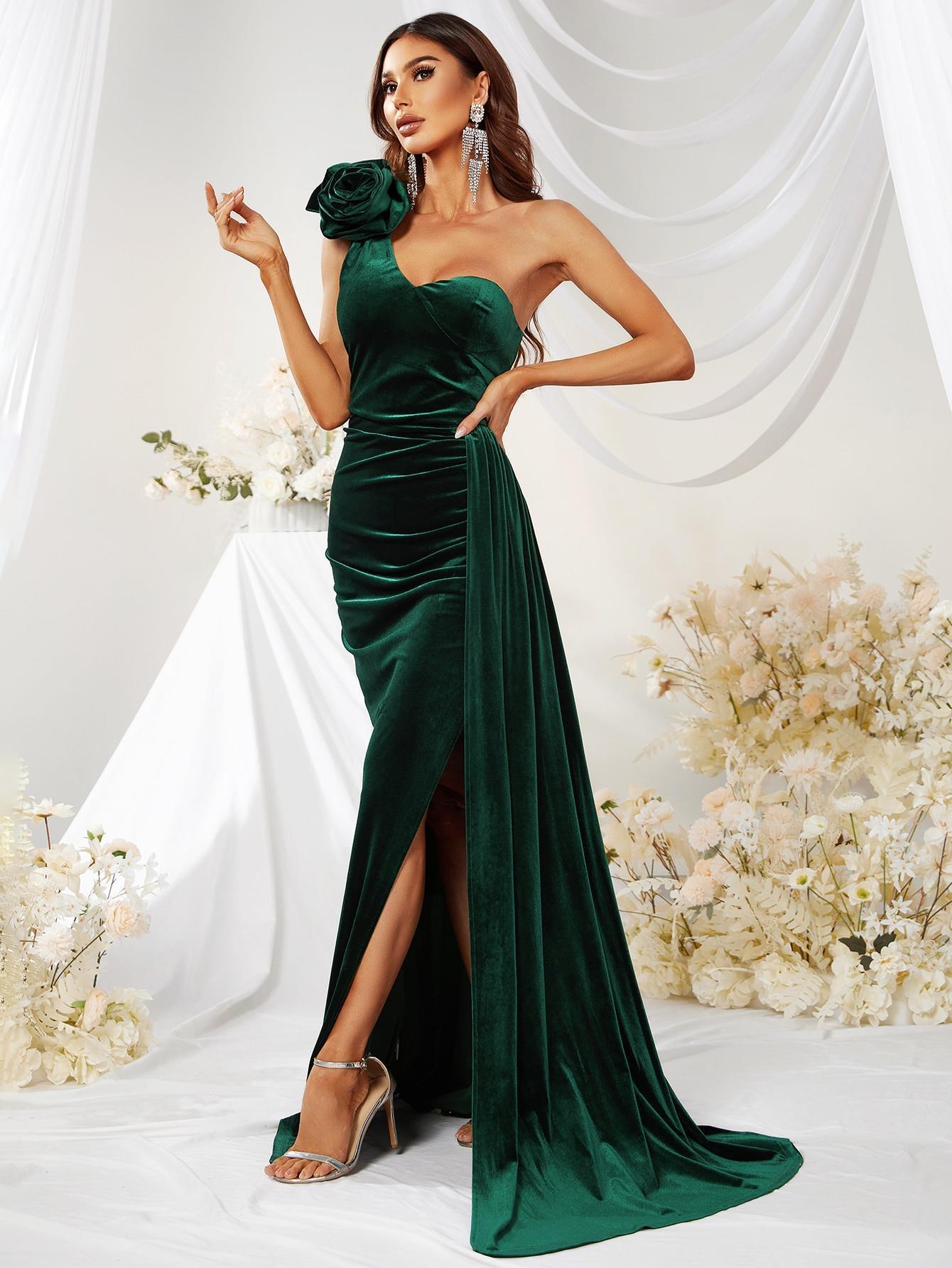 Robe longue vert foncé sans manches et asymétrique à fleurs 3D