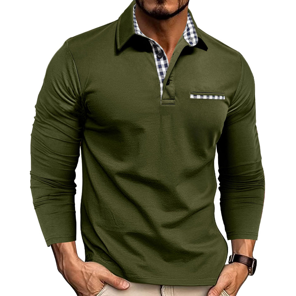Chemise Polo à Manches Longues Revers et Patchwork Carreaux Décontractée Homme