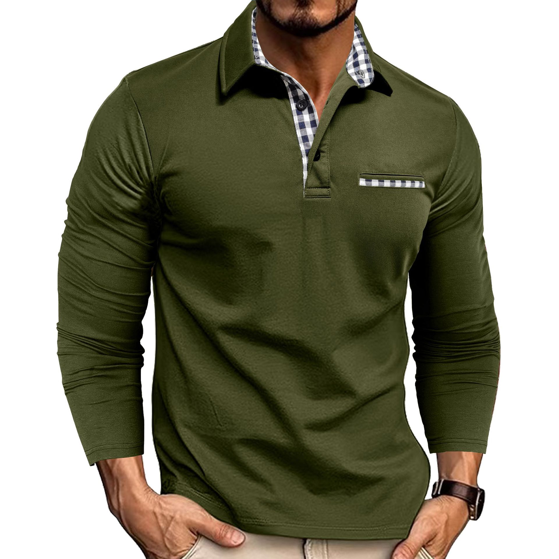 Men's Casual Plaid Splicing Lapel Polo Shirt Long Sleeve Top