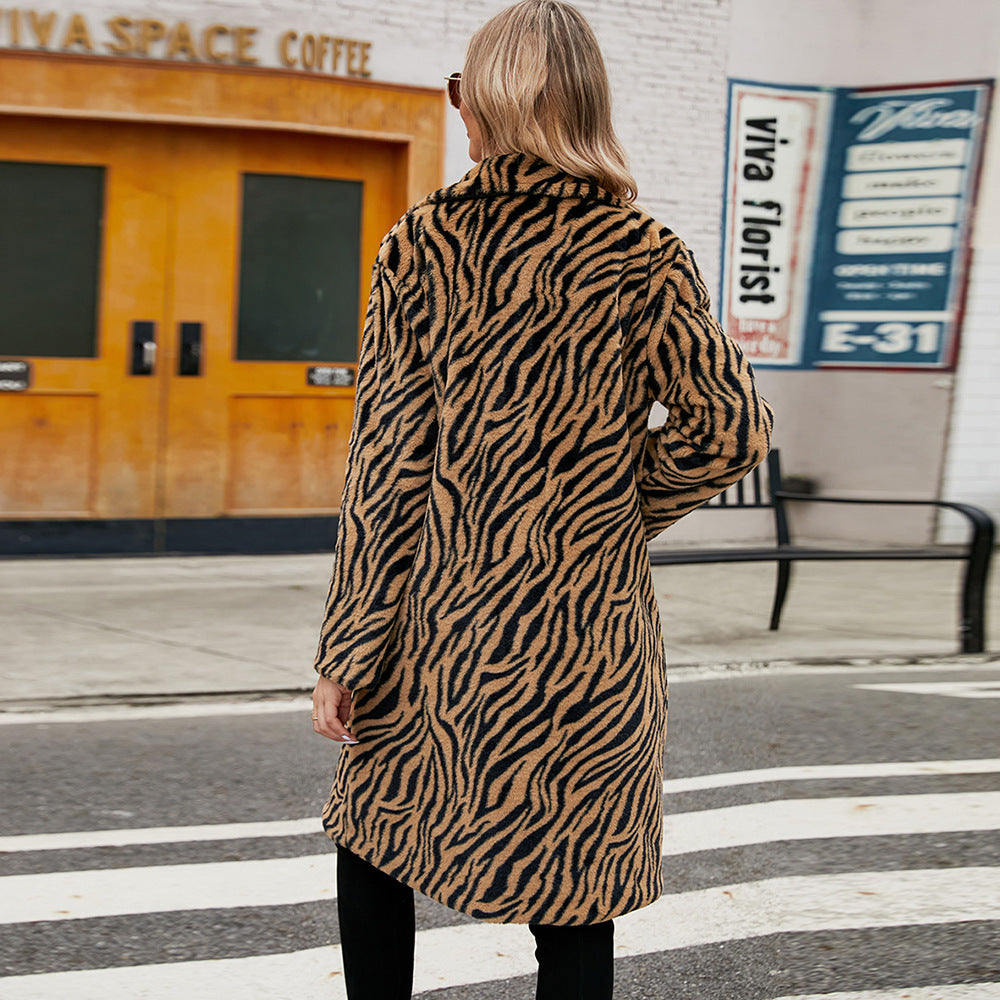 Zebra Pattern Faux Fur Long Coat Artificial Leather Collar Autumn Winter Plush Coat