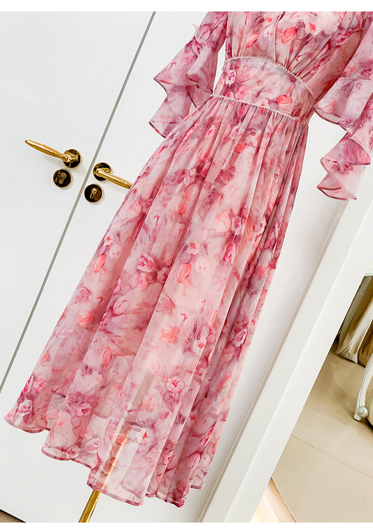 Women's Pink Floral High Waist Chiffon Dress