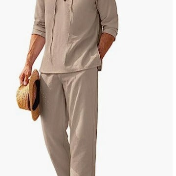 European & American Cotton Linen Henley Shirt Beach Casual Solid Color Suit