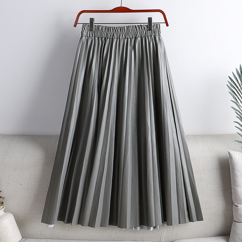 High Waist Mid-Length PU Leather Pleated Skirt for Women Solid Color