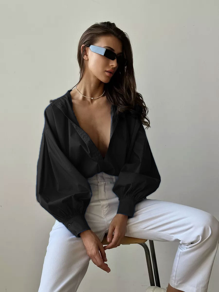 Chemisier Femme en Coton à Manches Lanternes Col Rond Longueur Moyenne