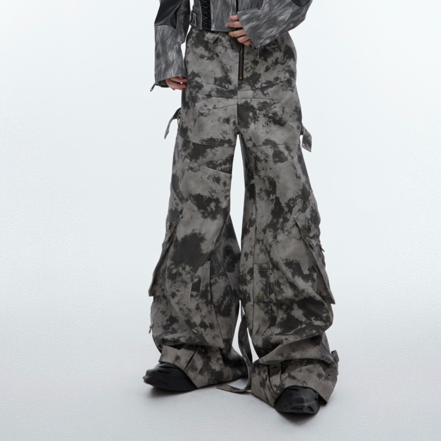 Pantalon en cuir de travail épais multi-poches vieilli style rétro