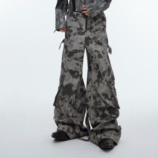 Niche Retro Distressed Blooming Heavy Multi-pocket Workwear Leather Pants